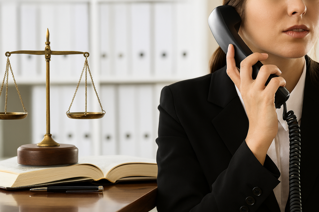 Contact our Manchester law firm – scales of justice and legal correspondence on wooden desk